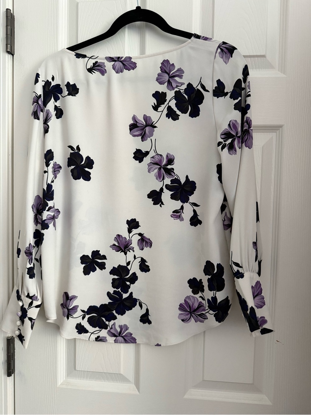 Ann Taylor Women's White Floral Blouse with Purple Accents